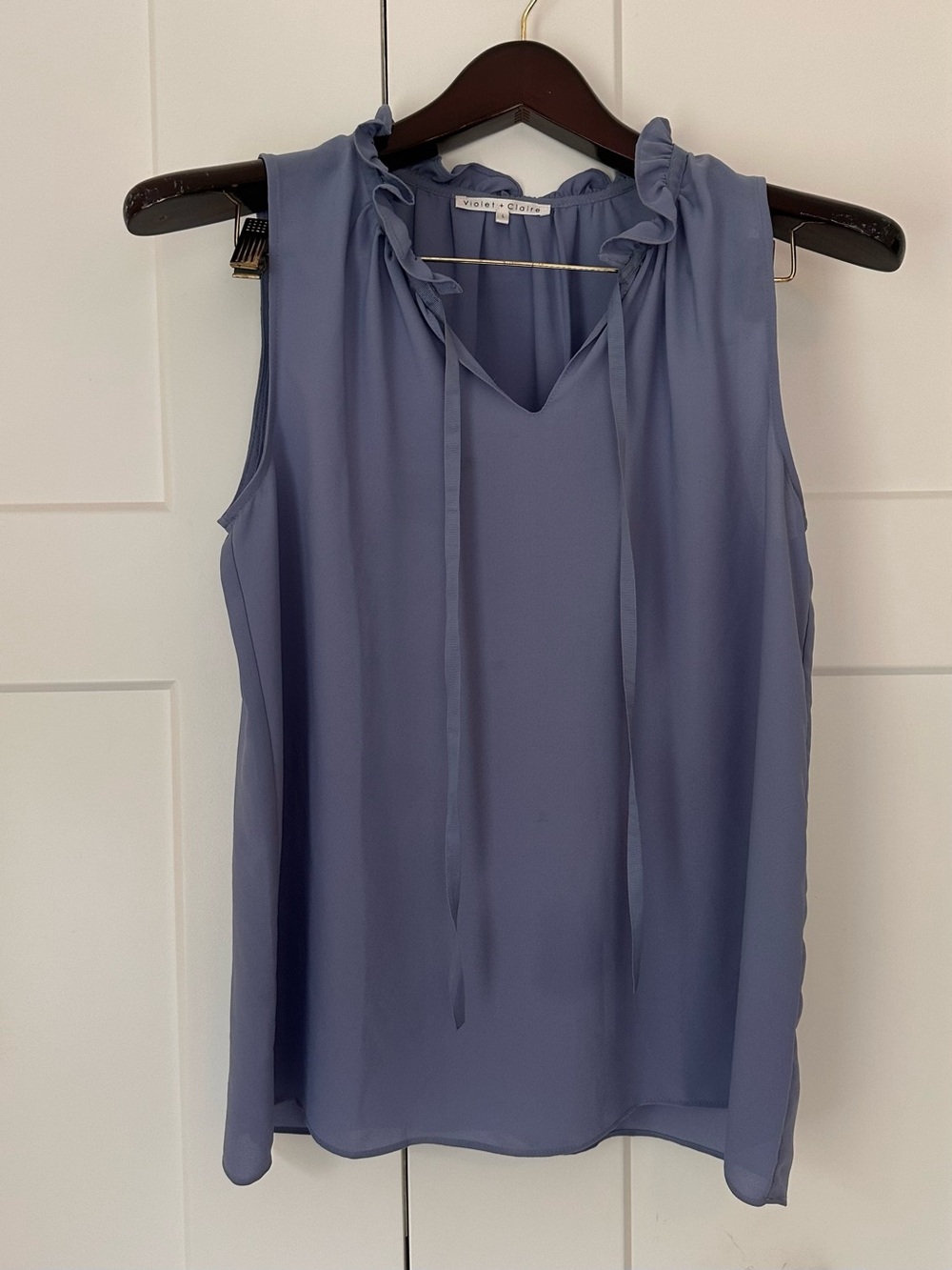 Violet & Claire Sleeveless Ruffle Tie-Neck Camisole in Dusty Blue